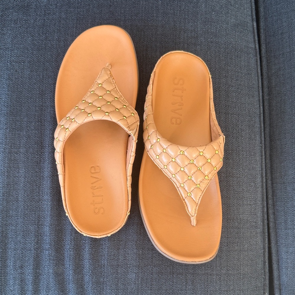 Strive Quilted Tan Thong Sandals with Stud Detail